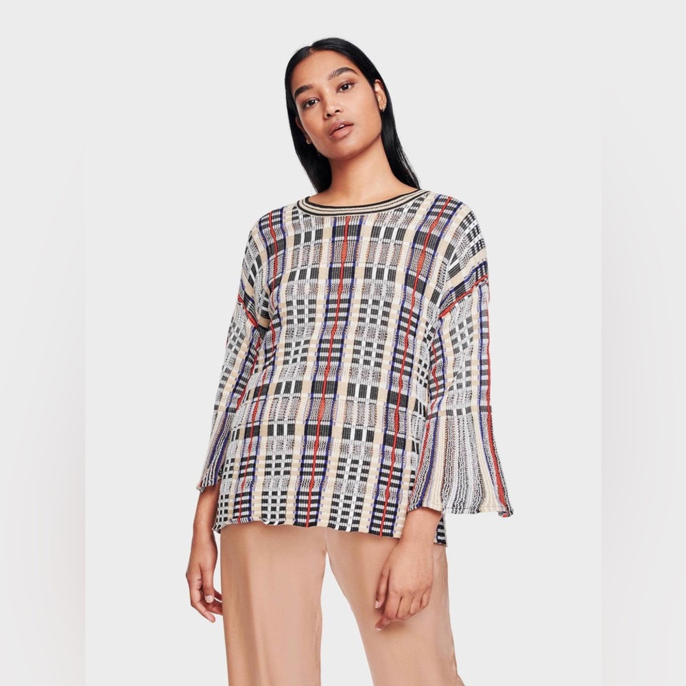 White + Warren - Plaid Flare Sleeve Crewneck Blouse in Bright Multi XS